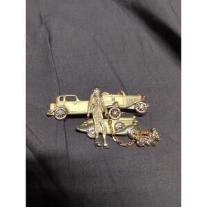 Vintage Gold Tone Pin Brooch Flapper Lady Walking Scottie Dog Antique Cars KJ